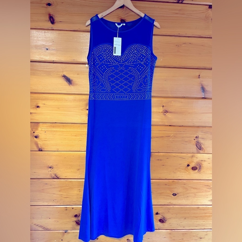 Meaneor Beaded Silver & Blue Sleeveless Lace sweetheart Maxi Women Dress XL